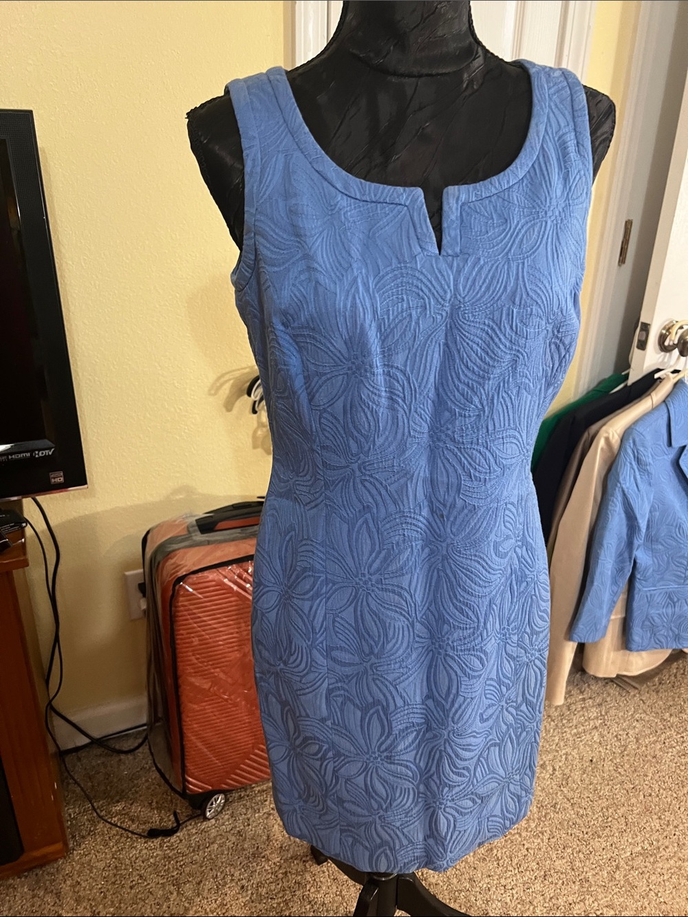 Talbots Blue Textured Notch-Neck Sheath Dress
